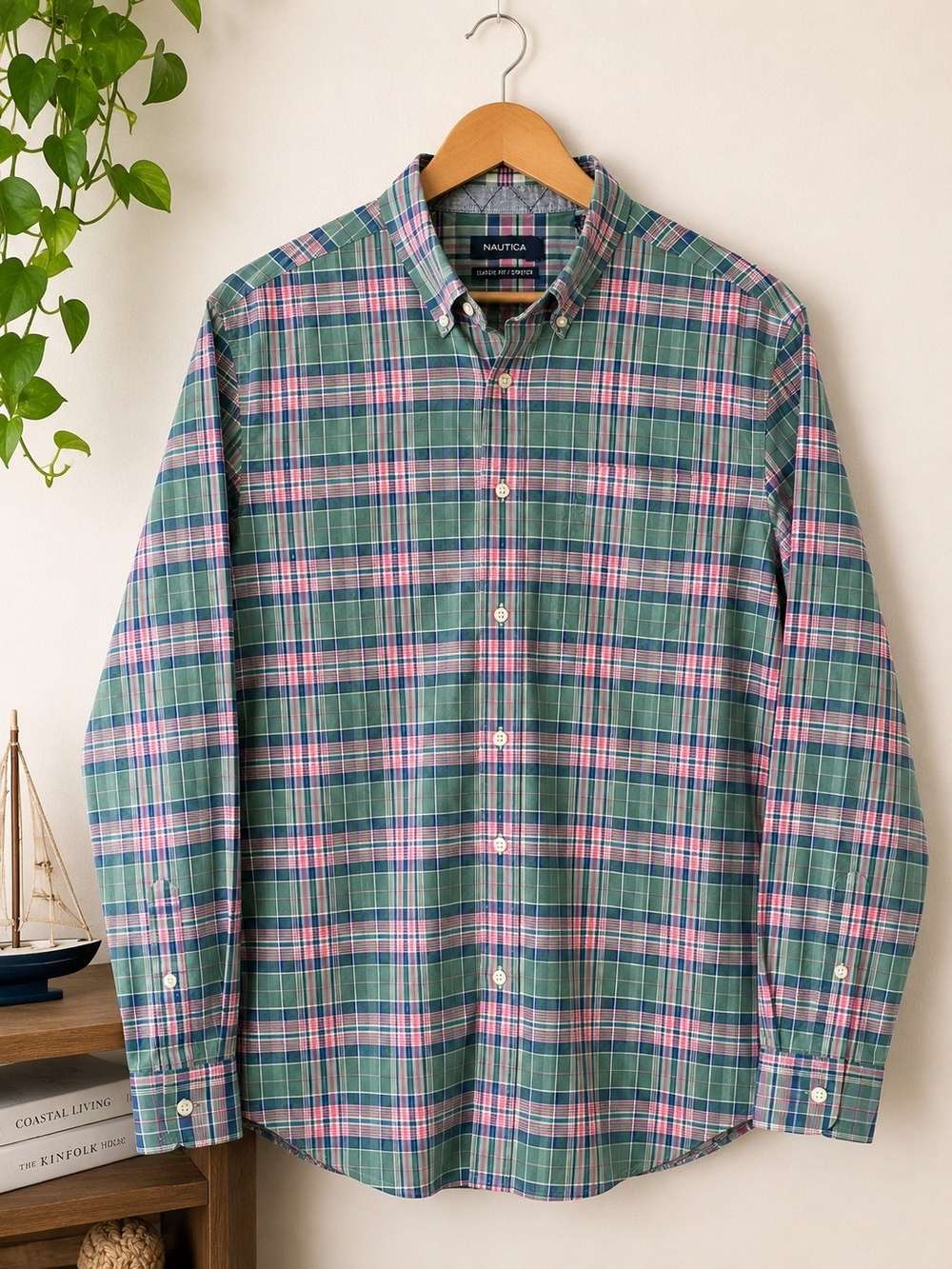 Nautica XL Classic Fit Stretch Plaid Button Down Shirt Men's